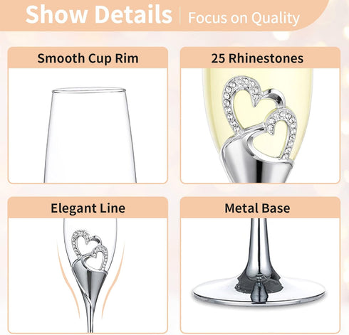 Silver Creative Heart Set with Diamonds Champagne Flutes - Wedding Glasses for Bride & Groom